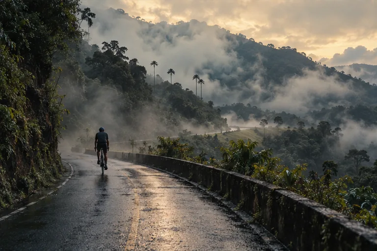 Carretera de montaña entre niebla